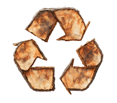 recycle symbol made of wood, log wooden recycling icon creative design. cutout png