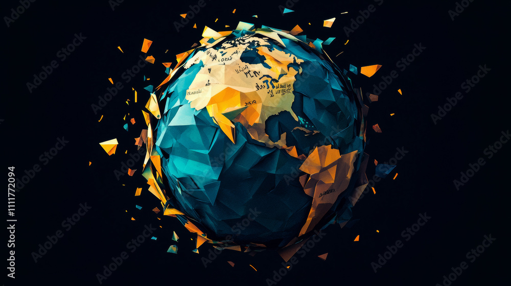 Poster abstract mash line and point of globe origami on black background with an inscription. polygonal ima