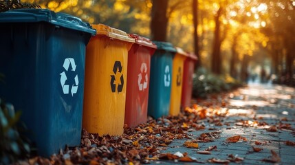 Obraz premium Colorful recycling bins lined along a pathway amidst autumn leaves.
