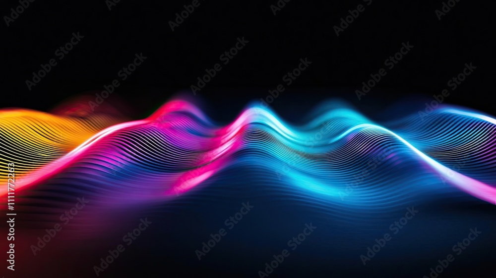 Poster colorful abstract wave design with smooth flowing lines on a dark background.