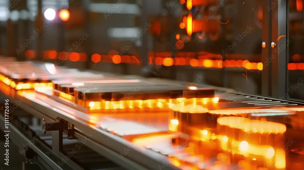 Poster a high-tech manufacturing setup with glowing orange components on an assembly line, indicating a mod