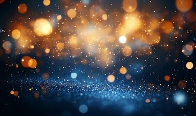 Dark blue and gold abstract with christmas light shine on navy blue, gold foil texture for holiday, Generative Ai