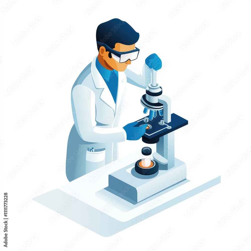 Poster scientist using a microscope in a lab.
