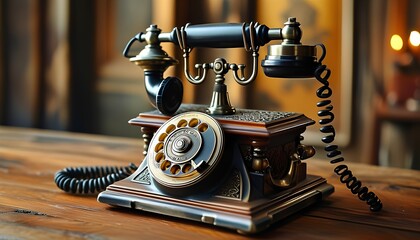 Historical antique telephone displayed in vintage living room capturing nostalgia and communication history warm wooden environment artistic perspective