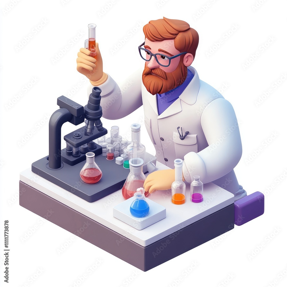 Poster scientist working in lab with microscope and test tubes.