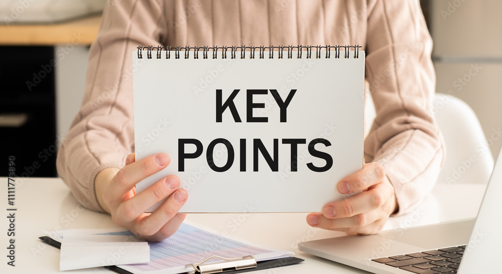 Poster closeup on businessman holding a card with text key points, business concept image with soft focus b