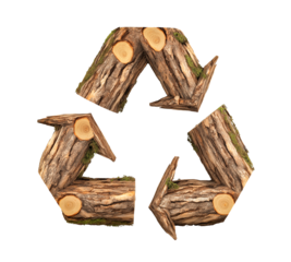 recycle symbol made of wood, log wooden recycling icon creative design. cutout png