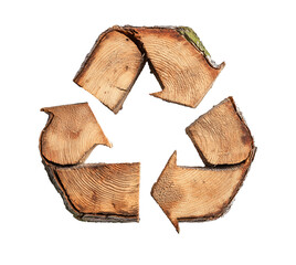 recycle symbol made of wood, log wooden recycling icon creative design. cutout png