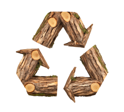 recycle symbol made of wood, log wooden recycling icon creative design. cutout png