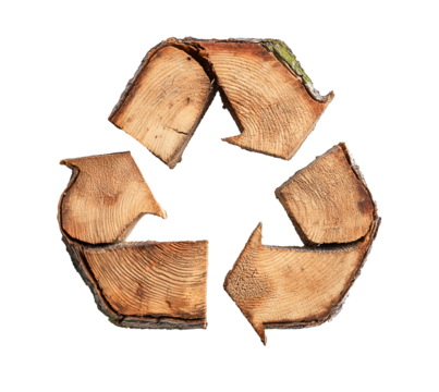 recycle symbol made of wood, log wooden recycling icon creative design. cutout png