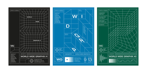 Line grid futuristic 3d pattern poster template set hud wireframe optical illusion abstract geometric graphic design modern simple clean vector collection digital art future portal visual warp 
