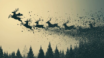 Fototapeta premium A festive silhouette of Santa and his reindeer team in action, soaring on a transparent background for elegant holiday layouts