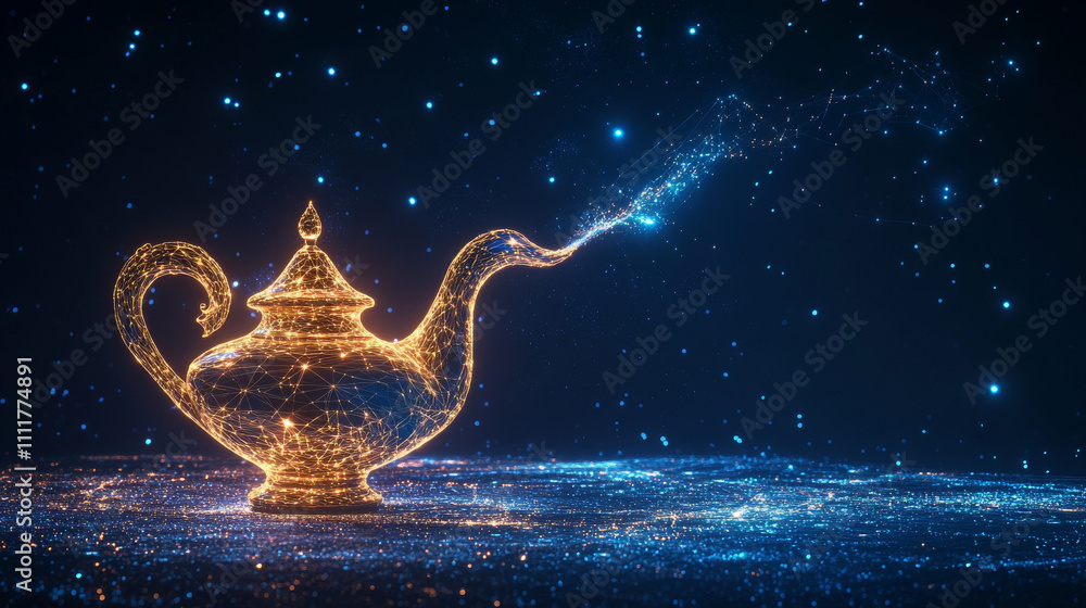 Poster polygonal magic lamp isolated on dark background. low poly vector illustration of a starry sky or co