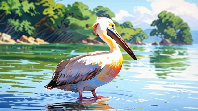 Colorful anime pelican in lake, perfect for segue, transition