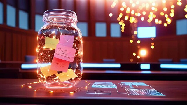 A glowing jar filled with colorful notes, symbolizing ideas and creativity in a meeting space.