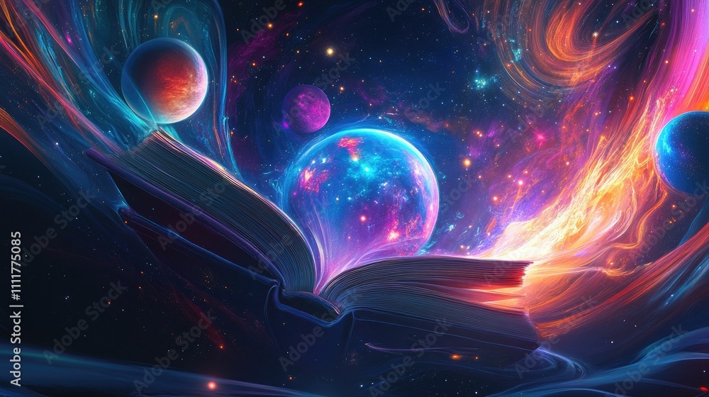 Poster an open book with a vibrant array of planets and glowing stars, surrounded by a swirling space backg