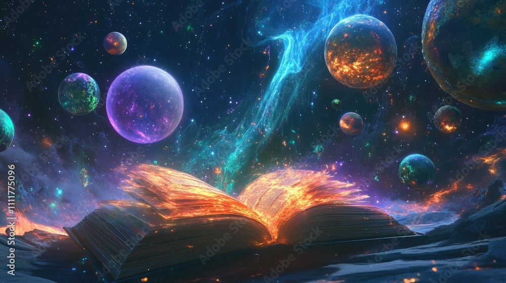 Poster an open book with a vibrant array of planets and glowing stars, surrounded by a swirling space backg