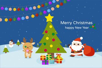 This Christmas vector graphic collection features Santa Claus, reindeer, and a Christmas tree. Colorful gifts and lights create a joyful atmosphere, ideal for festive designs.