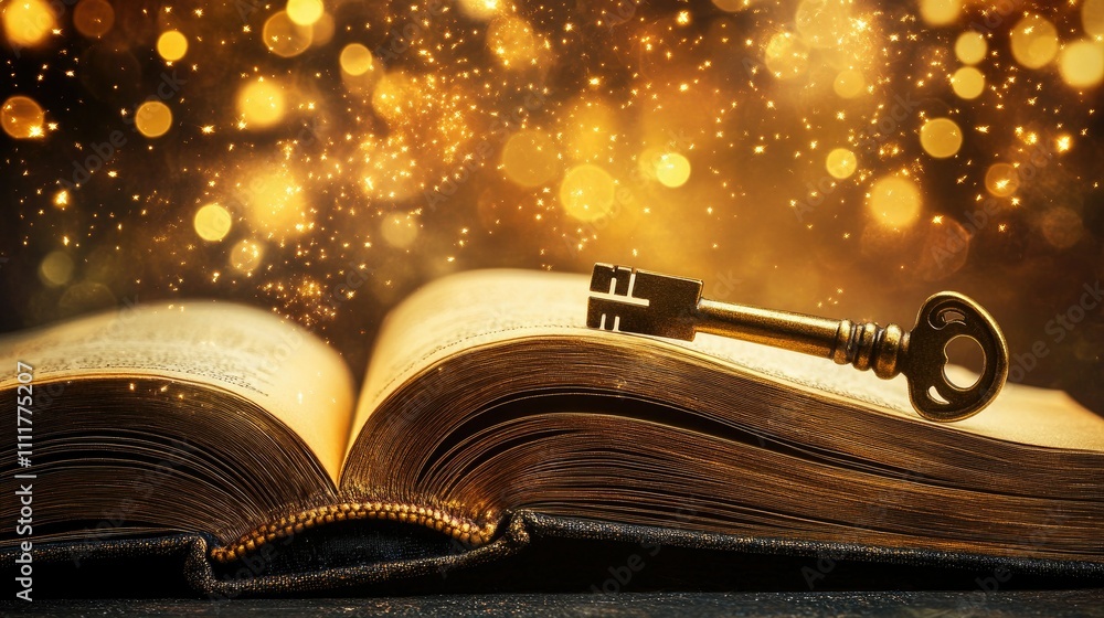 Poster an open book with a vintage brass key resting on the pages, illuminated by a dreamy golden bokeh bac
