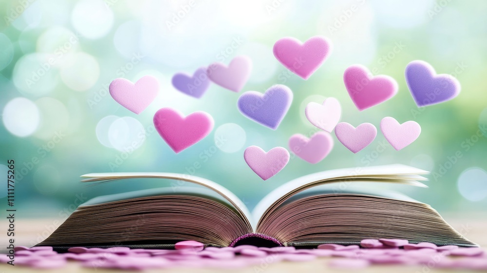 Poster an open book with a whimsical display of pink and purple hearts, set against a soft bokeh background