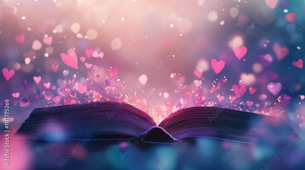 Poster an open book with a whimsical display of pink and purple hearts, set against a soft bokeh background