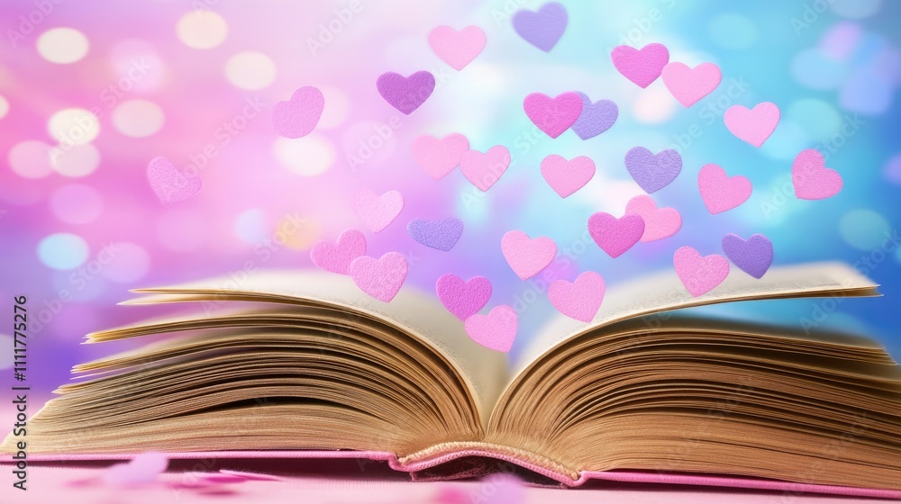 Poster an open book with a whimsical display of pink and purple hearts, set against a soft bokeh background