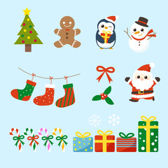 This Christmas vector graphic collection features Santa Claus, reindeer, and a Christmas tree. Colorful gifts and lights create a joyful atmosphere, ideal for festive designs.