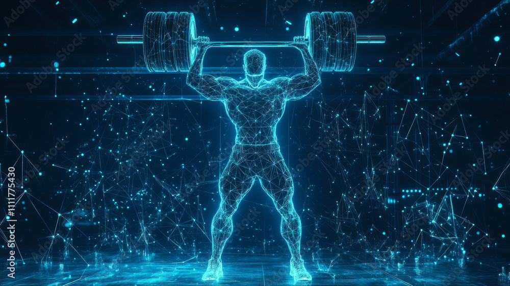 Poster abstract weightlifter with cybernetic particles. polygonal digital background. point and curve const