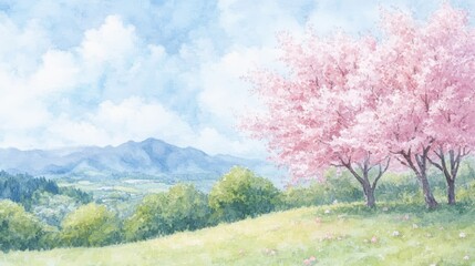 Serene Landscape with Cherry Blossom Trees and Gentle Mountains