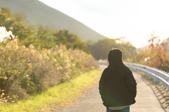 夕方の秋の景色の道を歩く女性の後ろ姿	
