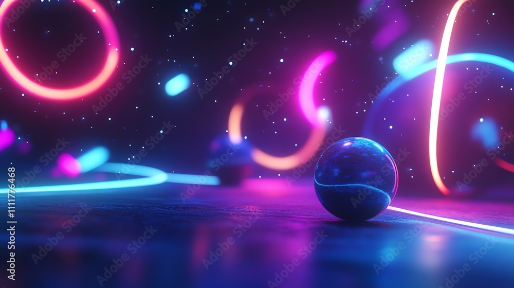 Poster abstract 3d render of a shiny blue sphere resting on a reflective surface with neon lights.
