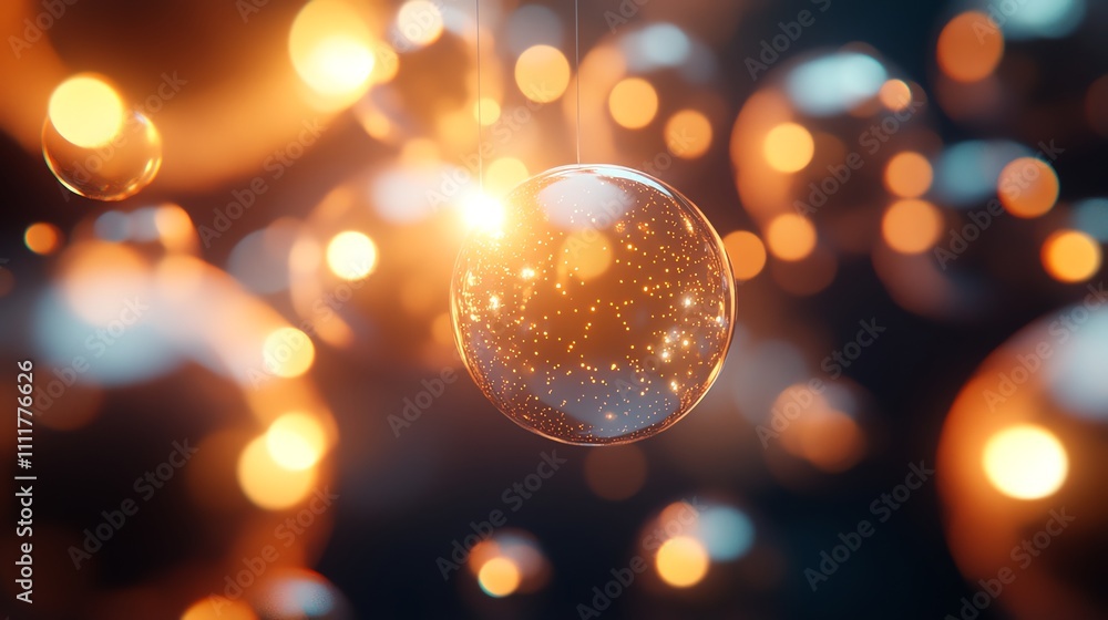 Poster abstract background with a glass sphere hanging from the ceiling and glowing with light.