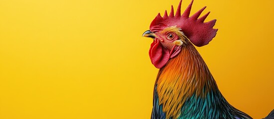 Fototapeta premium A colorful rooster against a vibrant yellow background, showcasing its plumage and features.