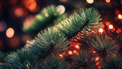 Magical Christmas Pine Needles with Glowing Bokeh Lights – Festive Holiday Nature Background