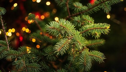 Magical Christmas Pine Needles with Glowing Bokeh Lights – Festive Holiday Nature Background