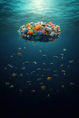 Plastic waste floating in a deep ocean with marine life swimming around, symbolizing human impact on ecosystems