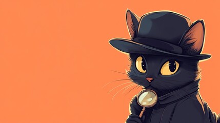 A black cat detective wearing a hat and holding a magnifying glass.