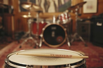 Obraz premium Drumstick rests on snare drum; blurred drum set background.
