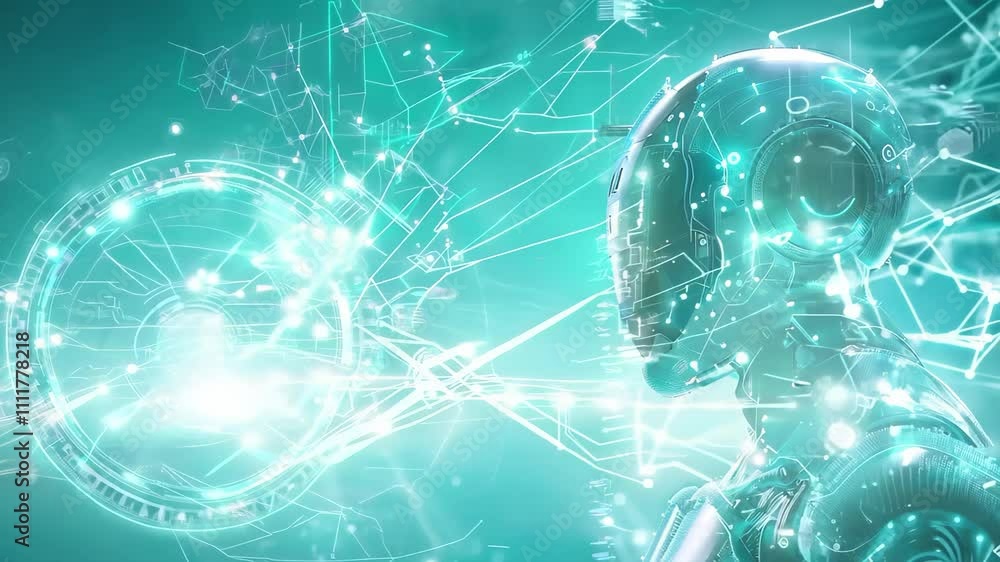 Poster a futuristic robot with a digital interface and glowing elements against a blue-green background, su