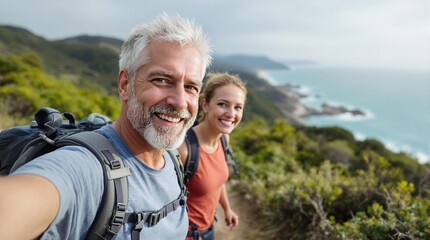 Smiling middle-aged couple  looking at the camera, hiking on a scenic coastal trail with lush greenery and a view of the ocean in the background, enjoying outdoor adventure