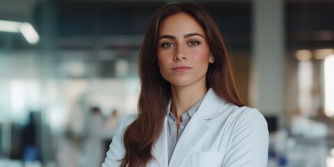 Naklejka premium A woman in a white lab coat stands in front of a wall. She is wearing a white lab coat and has her arms crossed