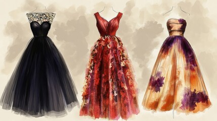 Fototapeta premium Fashion-forward dress sketches in warm and cool tones, tailored for various special occasion needs