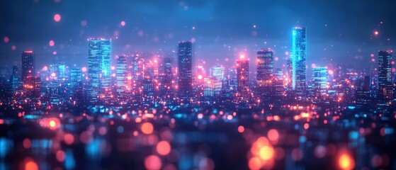 Obraz premium A vibrant city skyline at night with colorful lights and a dreamy atmosphere.