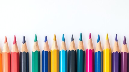 Colorful pencils lined up on a white background.