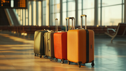 Luggage lined up at an airport terminal during sunset hours