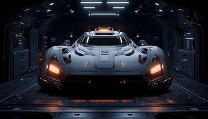 Obraz premium Futuristic Vehicle Inside A Sleek Space Garage