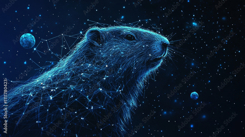 Poster abstract image of a groundhog in the form of a starry sky or space, consisting of points, lines, and