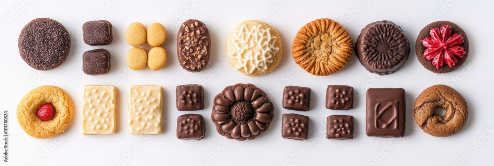 Poster colorful collection of assorted sweets and cookies neatly placed on a white background, perfect for 