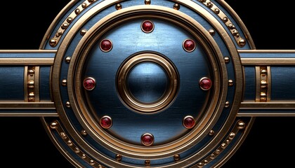 Ornate Gold and Blue Metal Shield with Red Gems