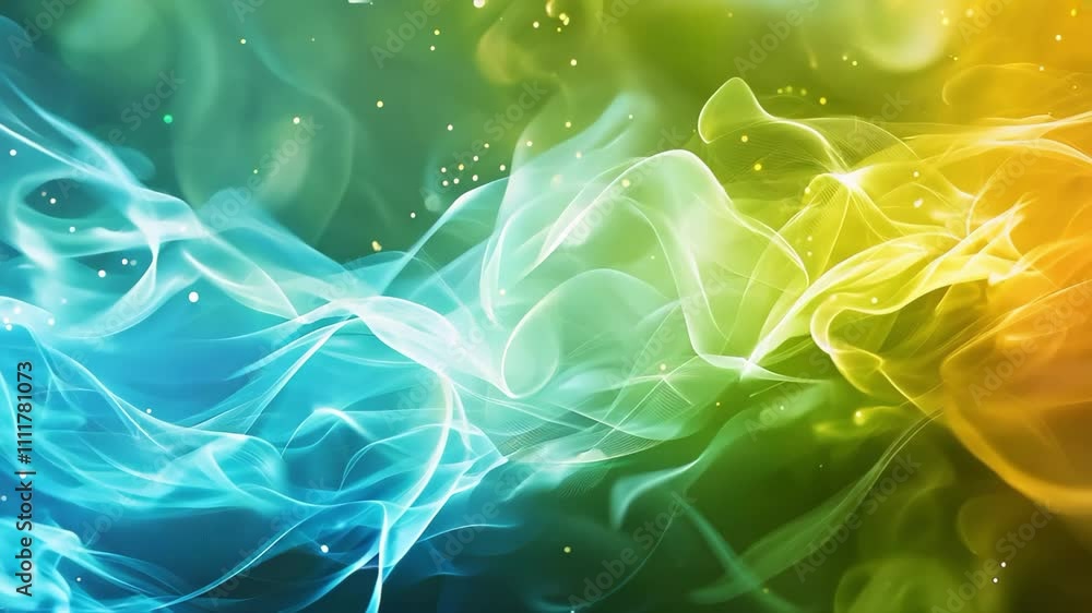 Poster a colorful abstract design featuring flowing lines in blue, green, and yellow, creating a smooth, dy